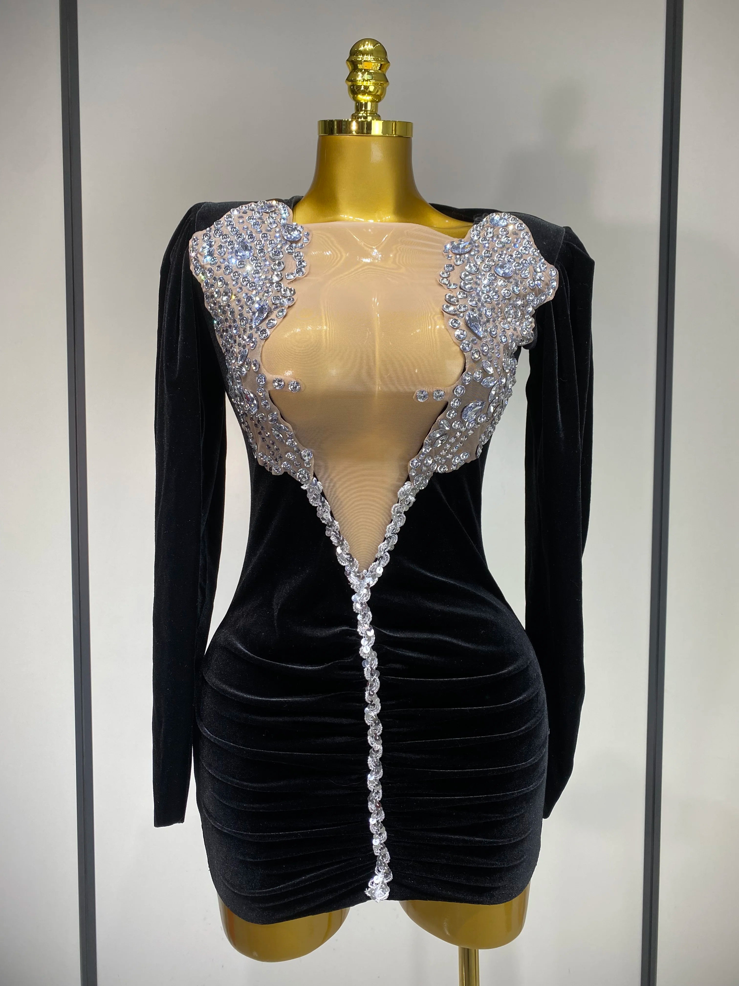 Sparkly Crystals Sexy Mesh Velvet Mini Dress 2025 Women White Elegant Evening Party Luxury Birthday Nightclub Stage Costume black