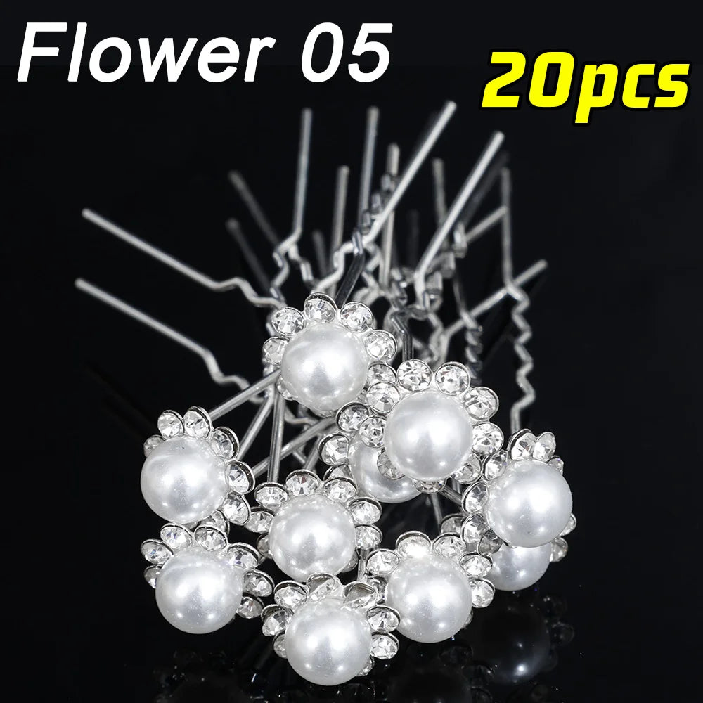20pcs Pearl Crystal Hairpin Elegant Wedding Bridal U-shaped Metal Hair Comb Forks for Women Hairstyle Clips Jewelry Accessories Flower 05