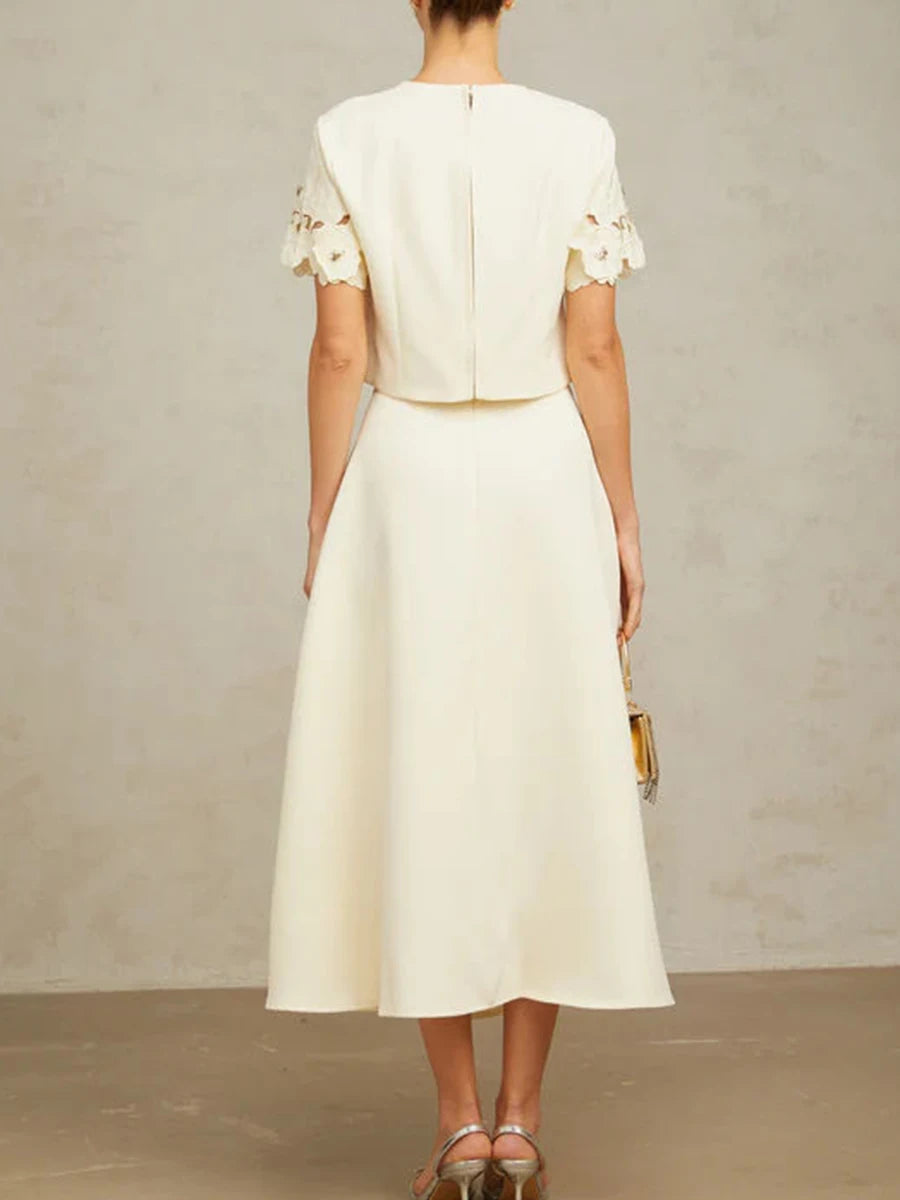 Solid Fashion Two Piece Sets for Women Round Neck Short Sleeves Patcwork Applique Top High Waist Skirt Set Female