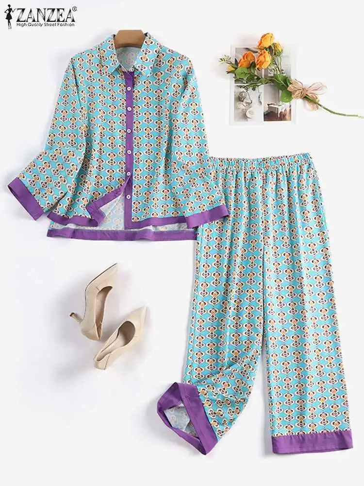 Women Printed Long Sleeve Blouse and Loose Pants Casual Outfits Loose Streetwear Loungewear Oversized ZANZEA Set Tracksuits