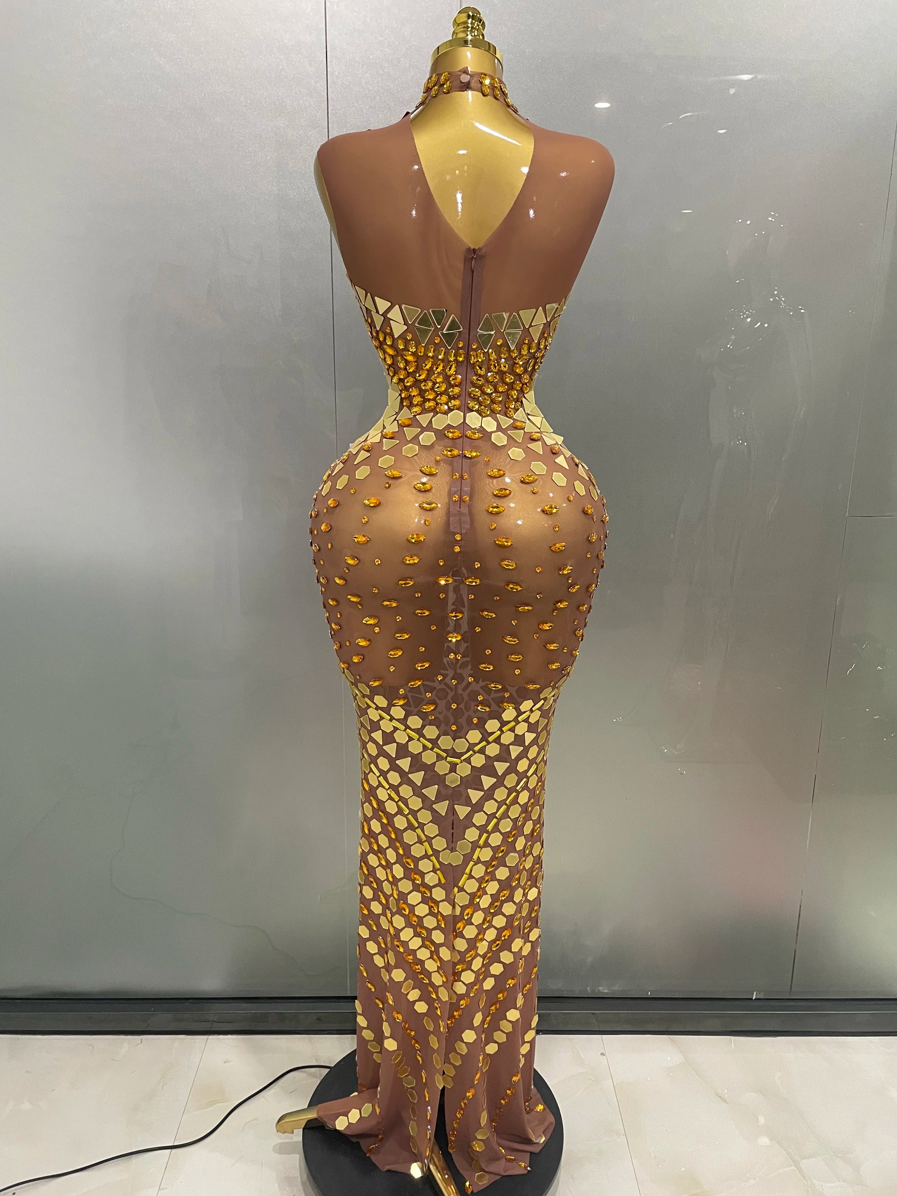 Luxury Shiny Mirror Rhinestones Hollowed-out Long Dress 2025Women Celebrity Evening Party Catwalk Prom Stage Photo Shoot Dresses