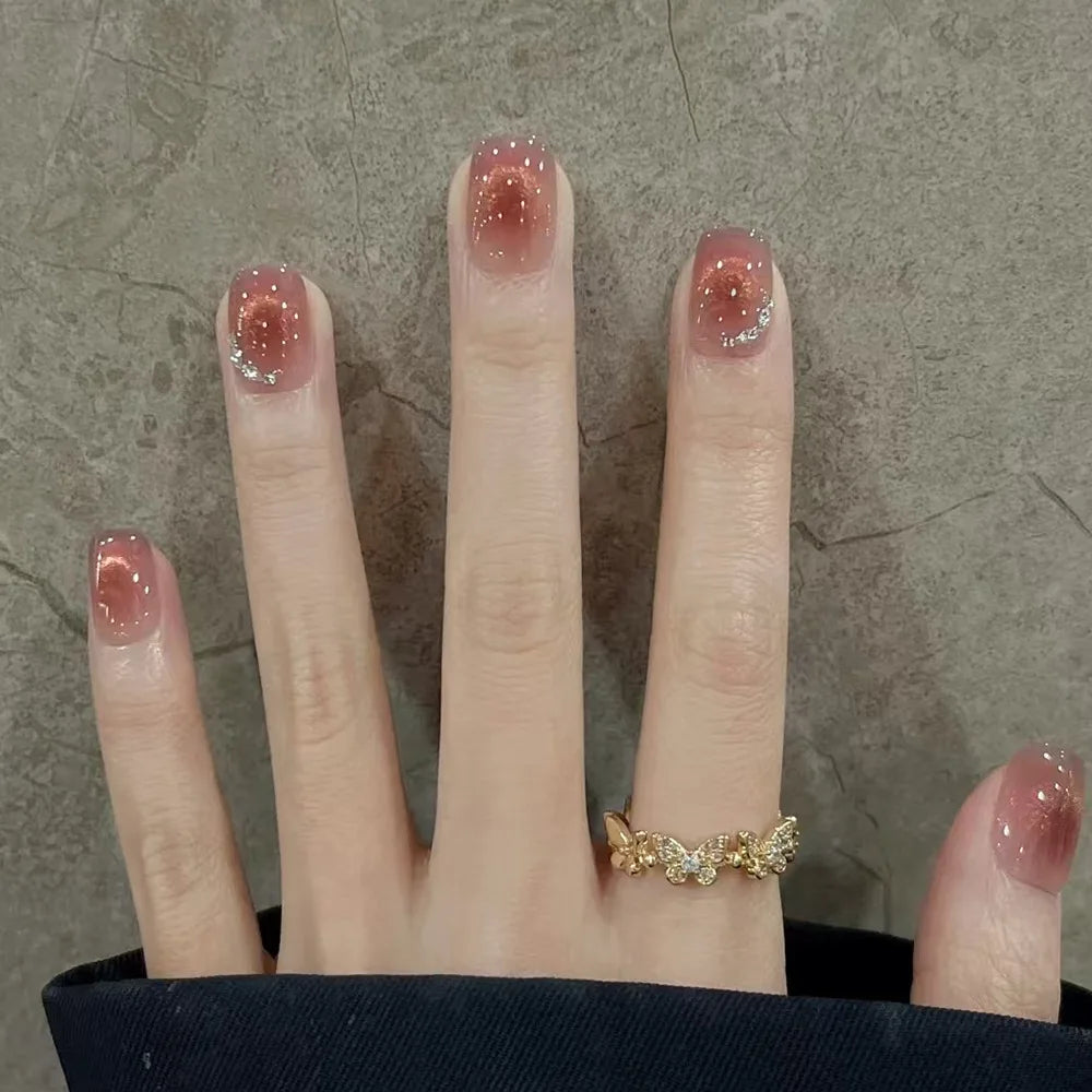 24Pcs False Nails French Gradient Ballet Fake Nails Press on Nails Black Heart Rhinestone Design Glitter Full Cover Nail Tips 40