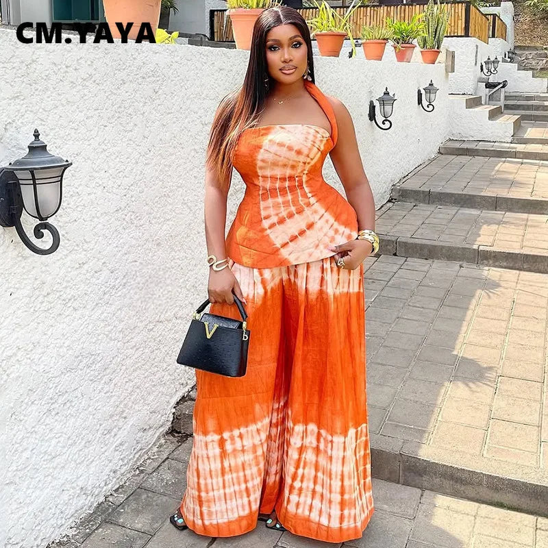 Fashion Tie Dye Printed Women's Set Halter Neck Crop Top and Loose Wide Leg Pants 2025 Two 2 Piece Sets Outfit Tracksuit