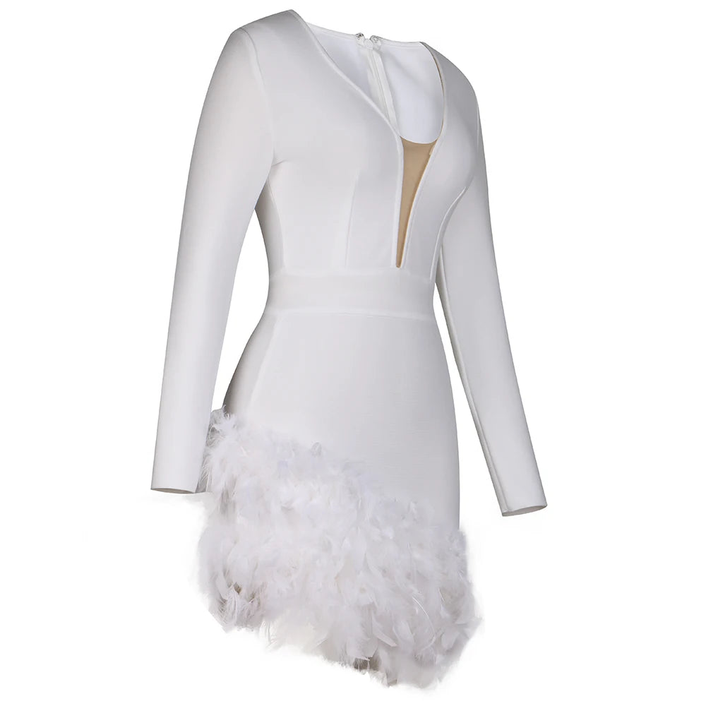 White Black Color Women Long Sleeve Sexy Bodycon Mini Bandage Dress Feathers Sexy Nightclub Party Celebrate Birthday Dress