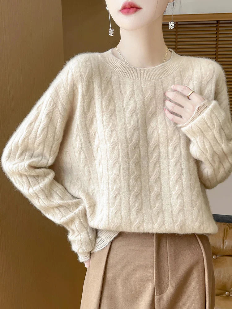 Women Cable Knit Sweater 100% Merino Wool Knitwear O-neck Preppy Style Long Sleeve Pullover Autumn Winter Cashmere Sweater Tops Light Camel
