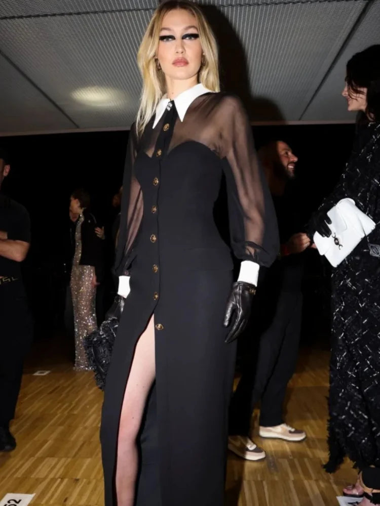 2024 New Golden Buttons White Collar Mesh Patchwork Bandage Long Dress Elegant Woman Evening Party Dress Fashion Party Outfit