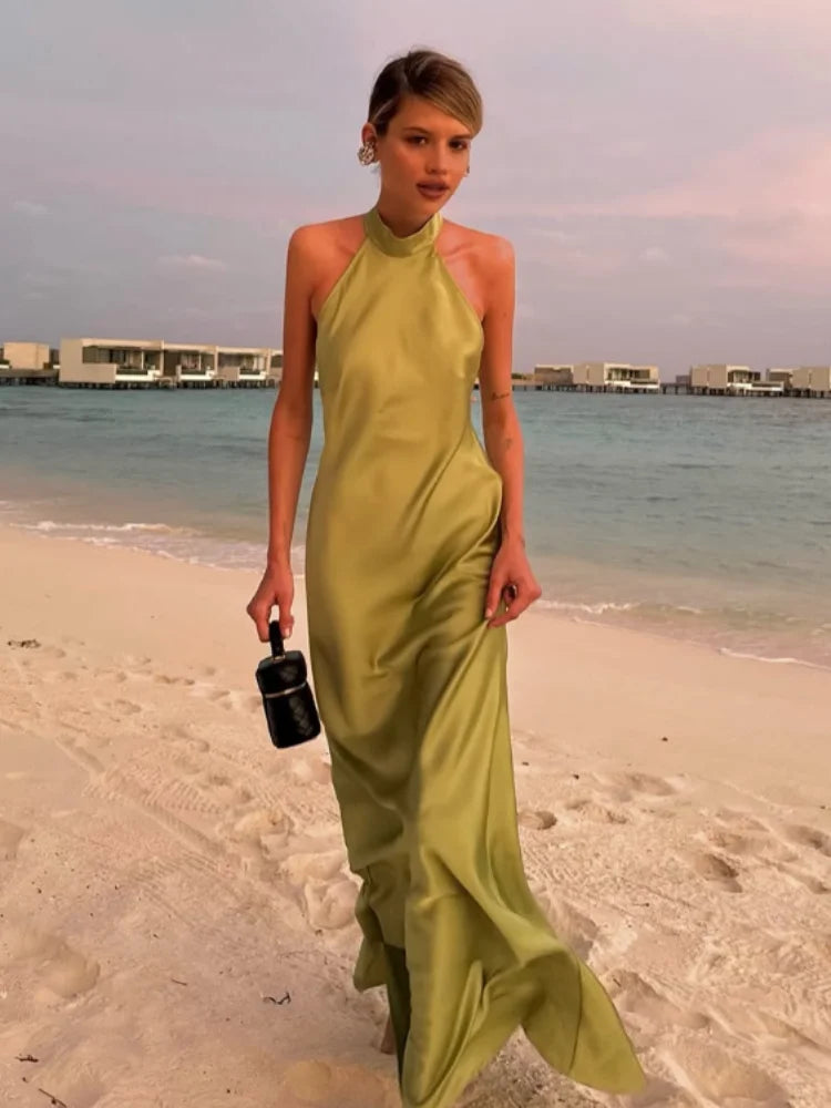 Elegant Green Satin Sleeveless Maxi Dress Chic Stand Neck Lace Up Backless Dresses New Female Summer Vacation Beach Vestido 2025