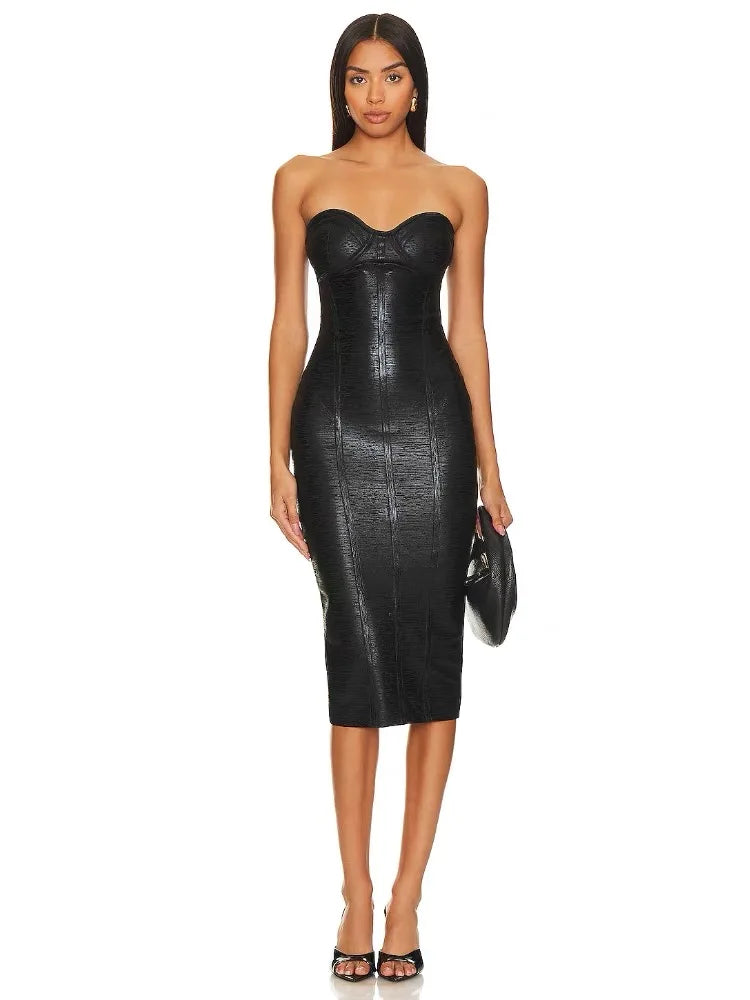 Black Foil Color Women Sexy Strapless Bodycon Bandage Dress Fashion Celebrate Evening Party Birthday Photo Shoot Dress