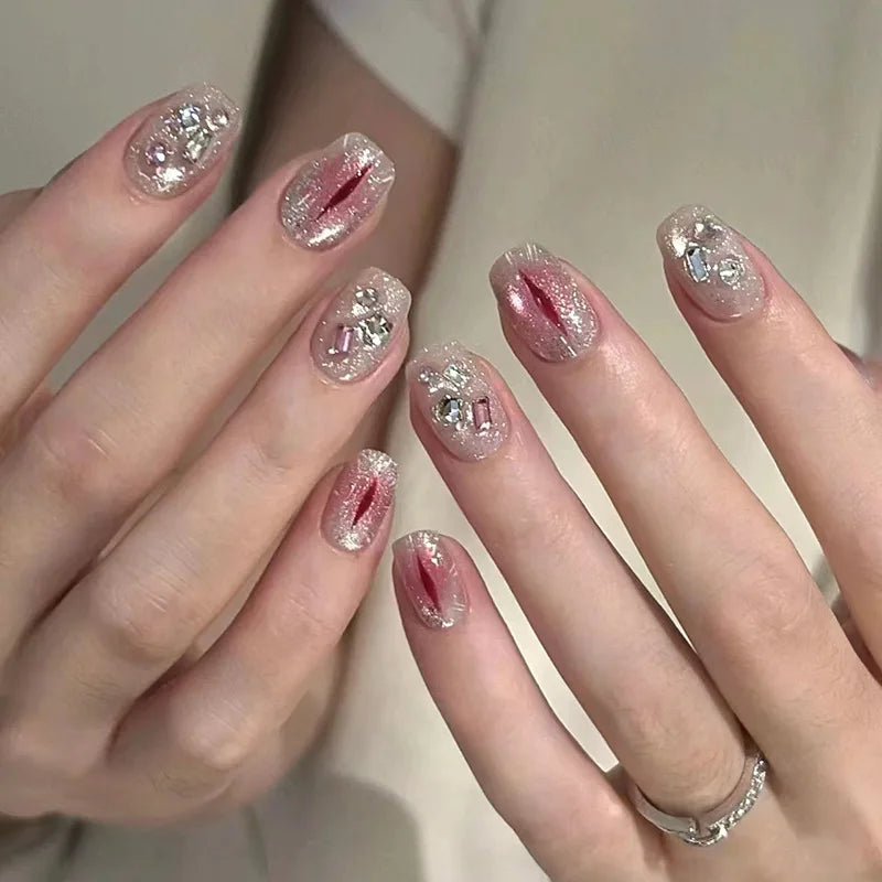 24Pcs Nude Pink French Fake Nail Ballet Full Cover Nail Tips with Rhinestone Leopard Print Design Wearable Press on False Nails 101