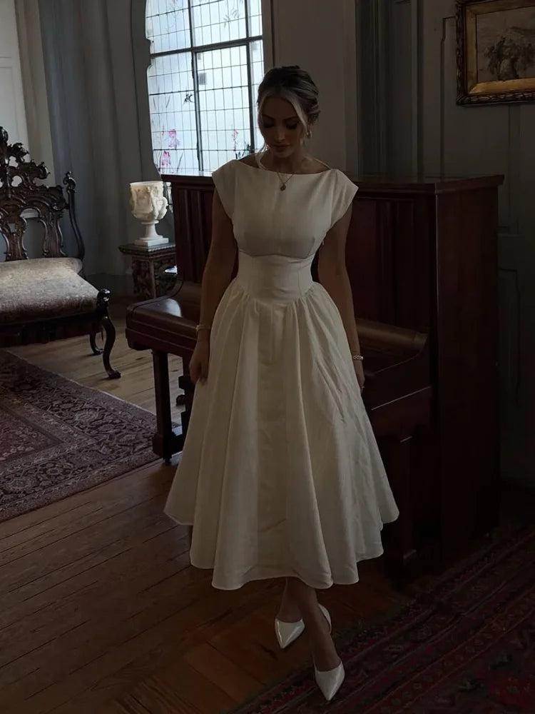 2025 Elegant White O Neck Pleated Hem Maxi Dress Women Fashion Open Back Solid A-line Dresses New Spring Summer Lady Party Robes