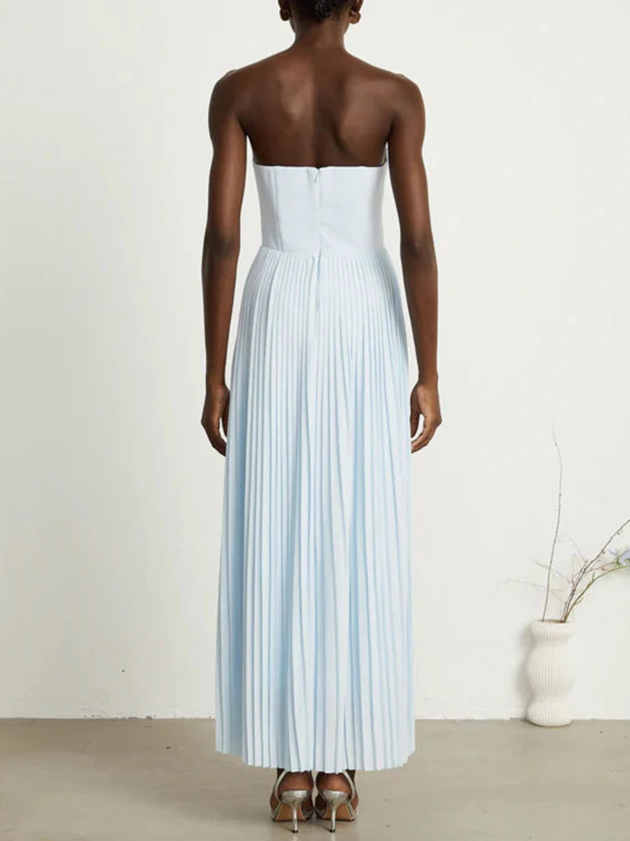 Solid Slimming Elegant Midi Dresses for Women Strapless Sleeveless Patchwork Fold Dress Female Temperament Clothing