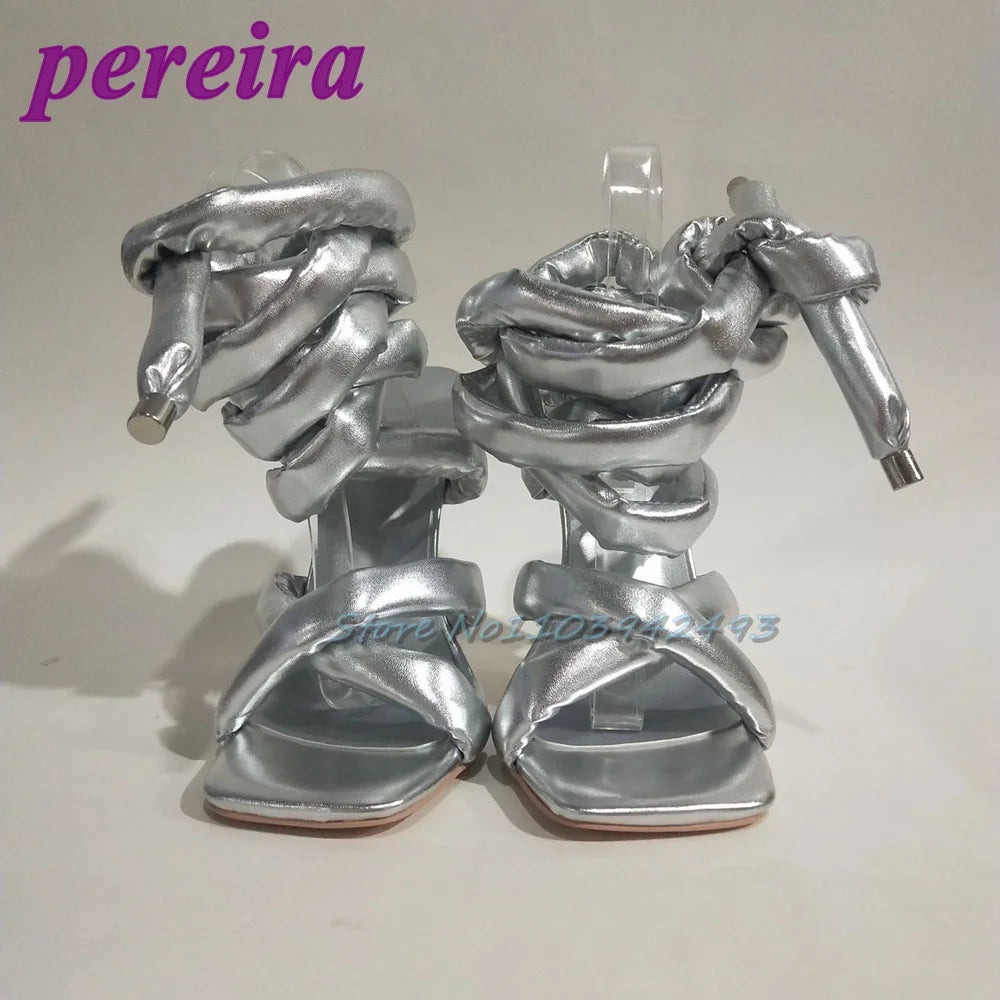 Silver Gladiator Heels Square Toe Ankle Strap Heeled Sandals Roman Style Stiletto Designer Women Shoes Summer Sandalias De Mujer Silver 40