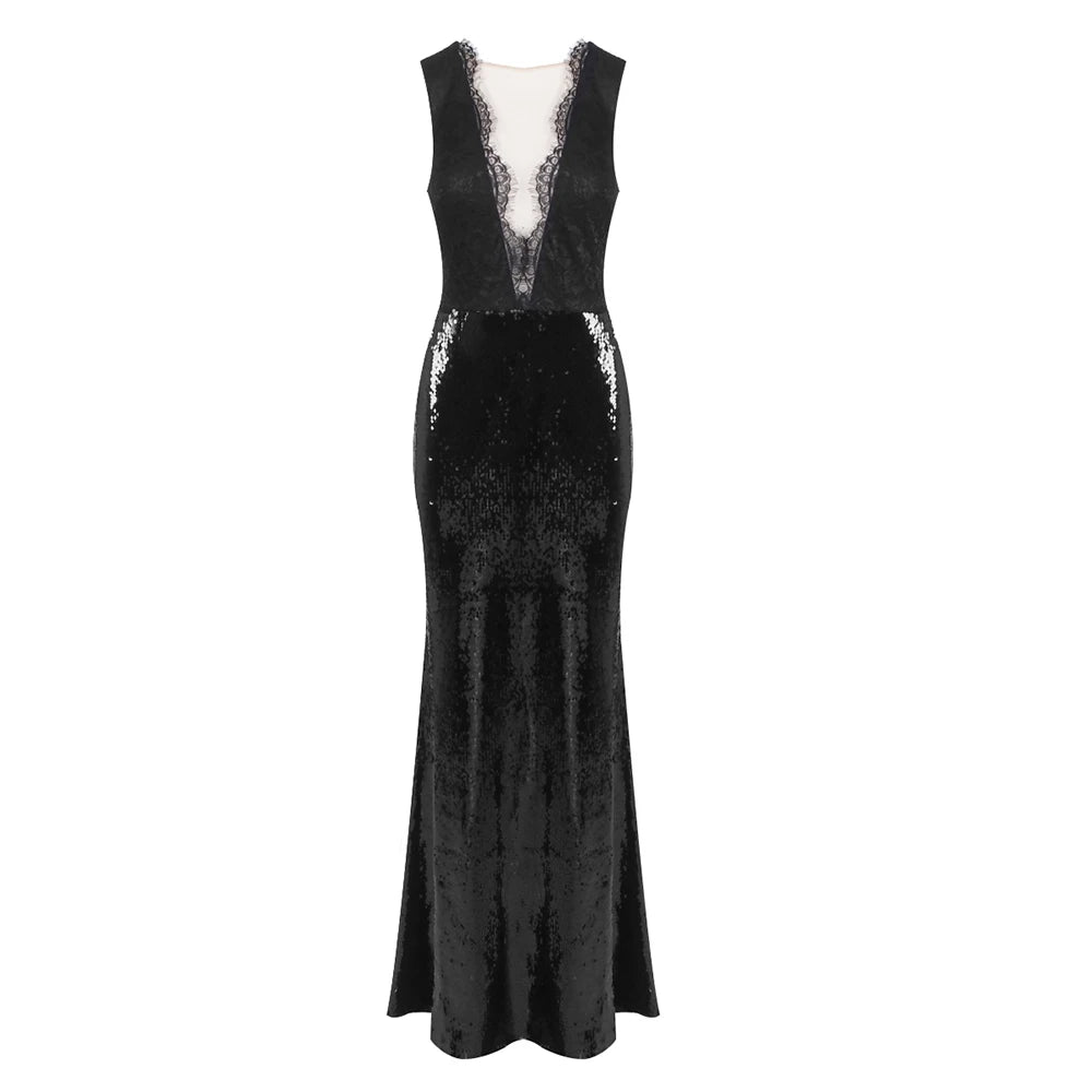 Alluring Black Sequin Deep V Neck Backless Lace Design Mermaid Dress for Party Dinner Evening Gown black