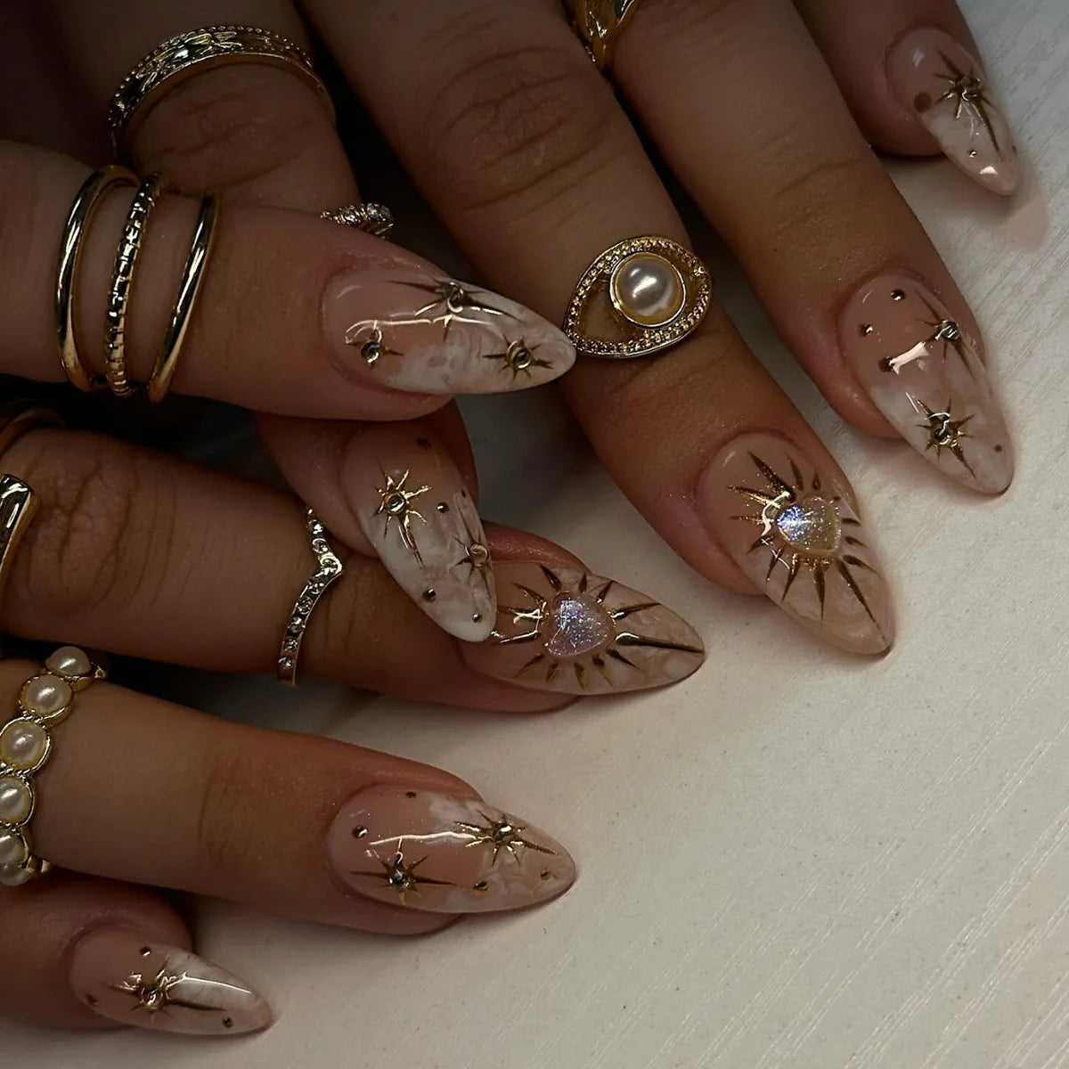 24Pcs Nude Pink Almond Fake Nails with Golden Lines Design Long Round Head Press on False Nails Wearable Full Cover Nail Tips 1029