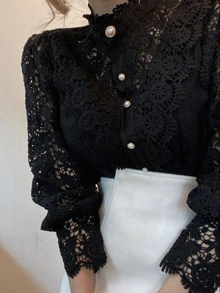 Women Chiffon Button Turtleneck Shirt Chic Elegant Floral Lace Fluffy Long Sleeve Top Fashion Hollow Oversize White Blouse 2024 black