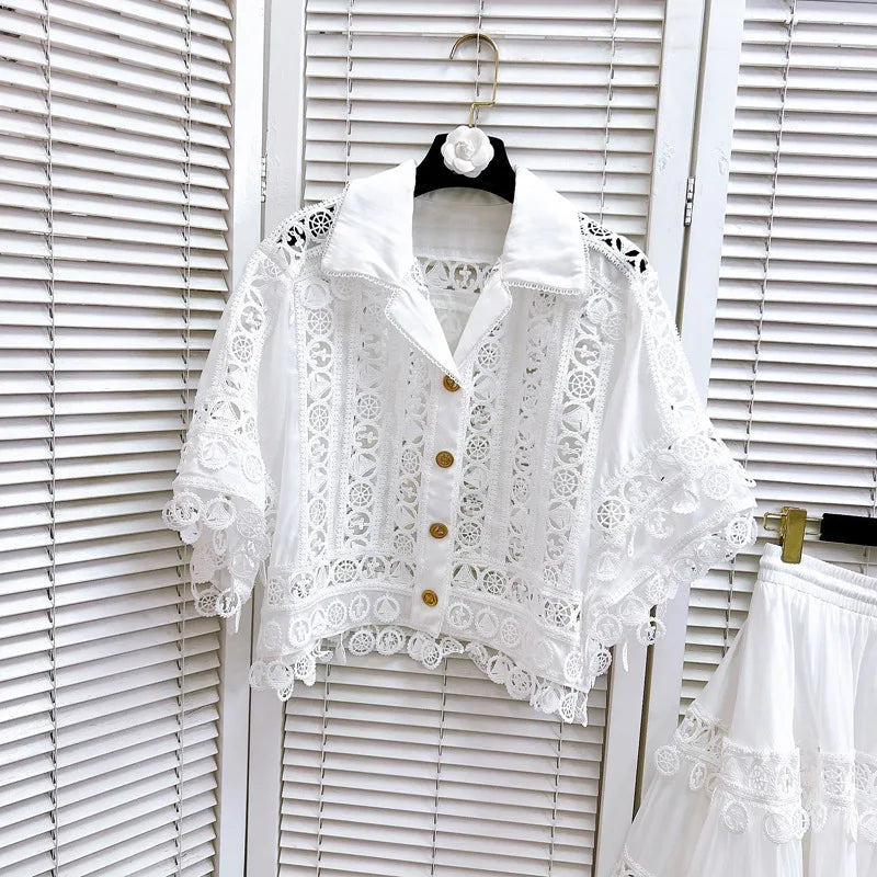 Embroidery 2 Pieces Set Women Hollow Out Loose Shirt Tops + Elastic Waist Midi Skirts Suit Summer Vacation Lace Ladies Outfit