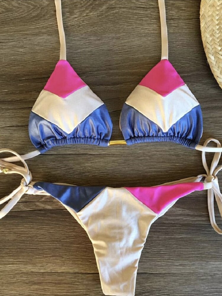 Sexy Halter Swimsuit Thong Micro Bikini Push Up - Brazilian Bikini Tropical Plant Print Swimwear String Mini Swimsuit