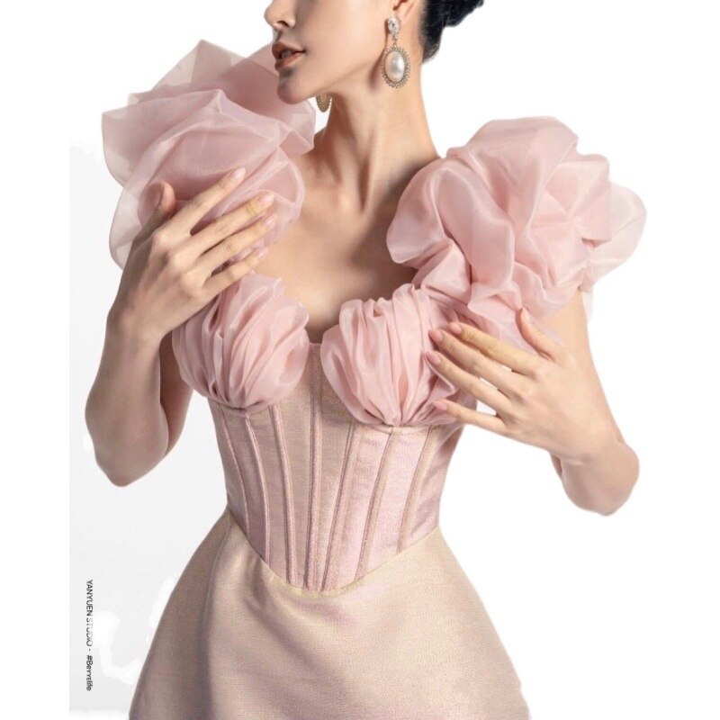 Sweety – robe de soirée plissée, sans bretelles, motif Floral 3D, manches bouffantes, ligne a, courte, élégante, en Tulle français, robe de soirée