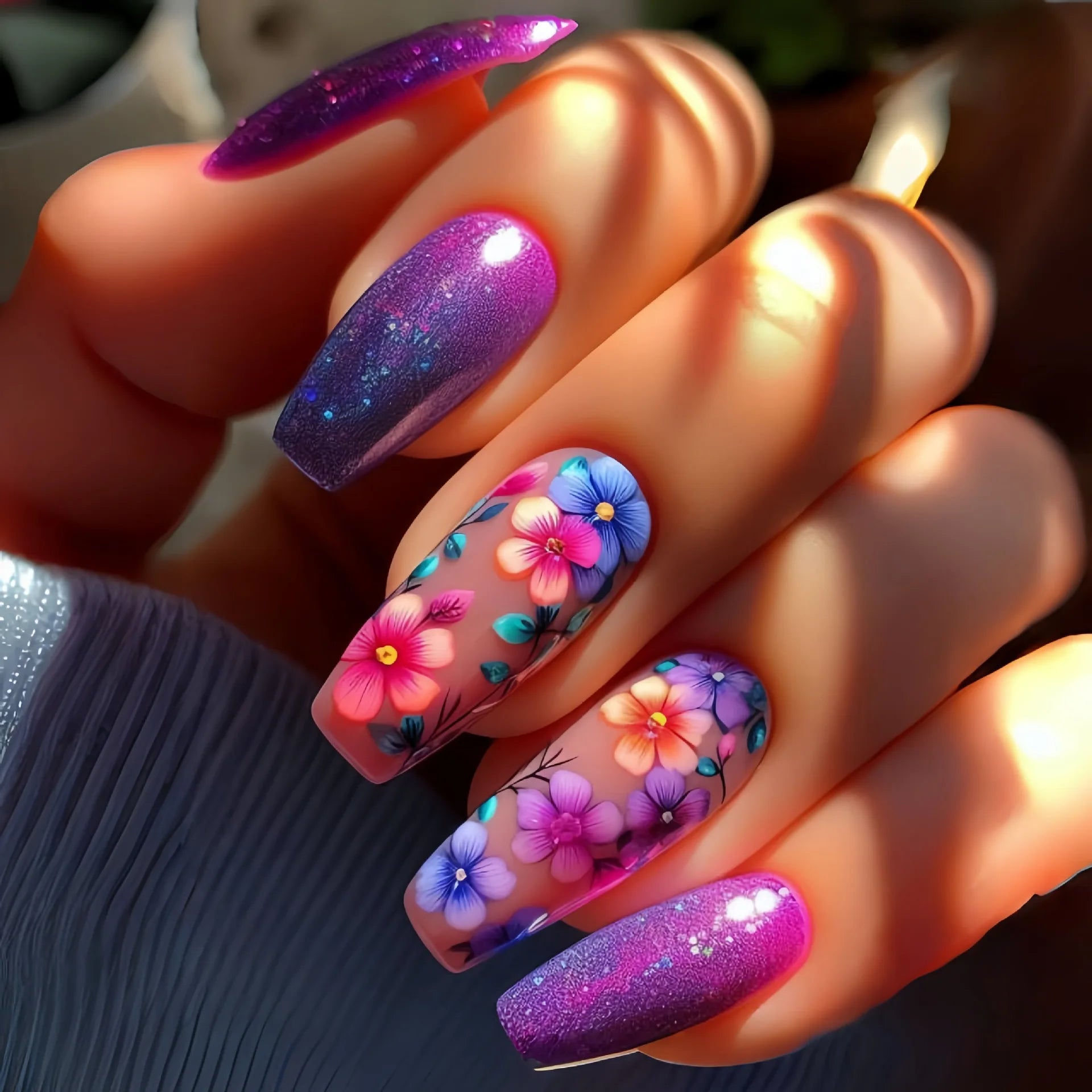 24pcs/set short medium long fake nails for Spring summer season gradient peach flowers butterfly heart press on false nail art 1846