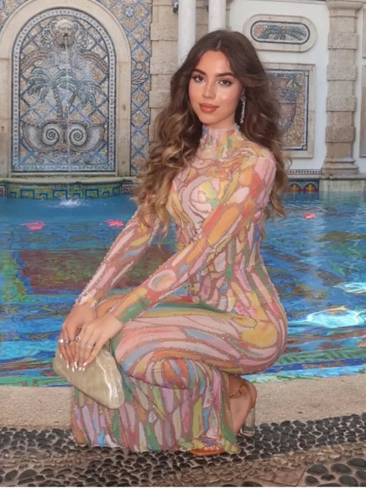 Stock Women Luxury Sexy Painting Crystal Diamonds Maxi Long Dress Birthday Party Costume Bar Nightclub Stage Performance Outfits