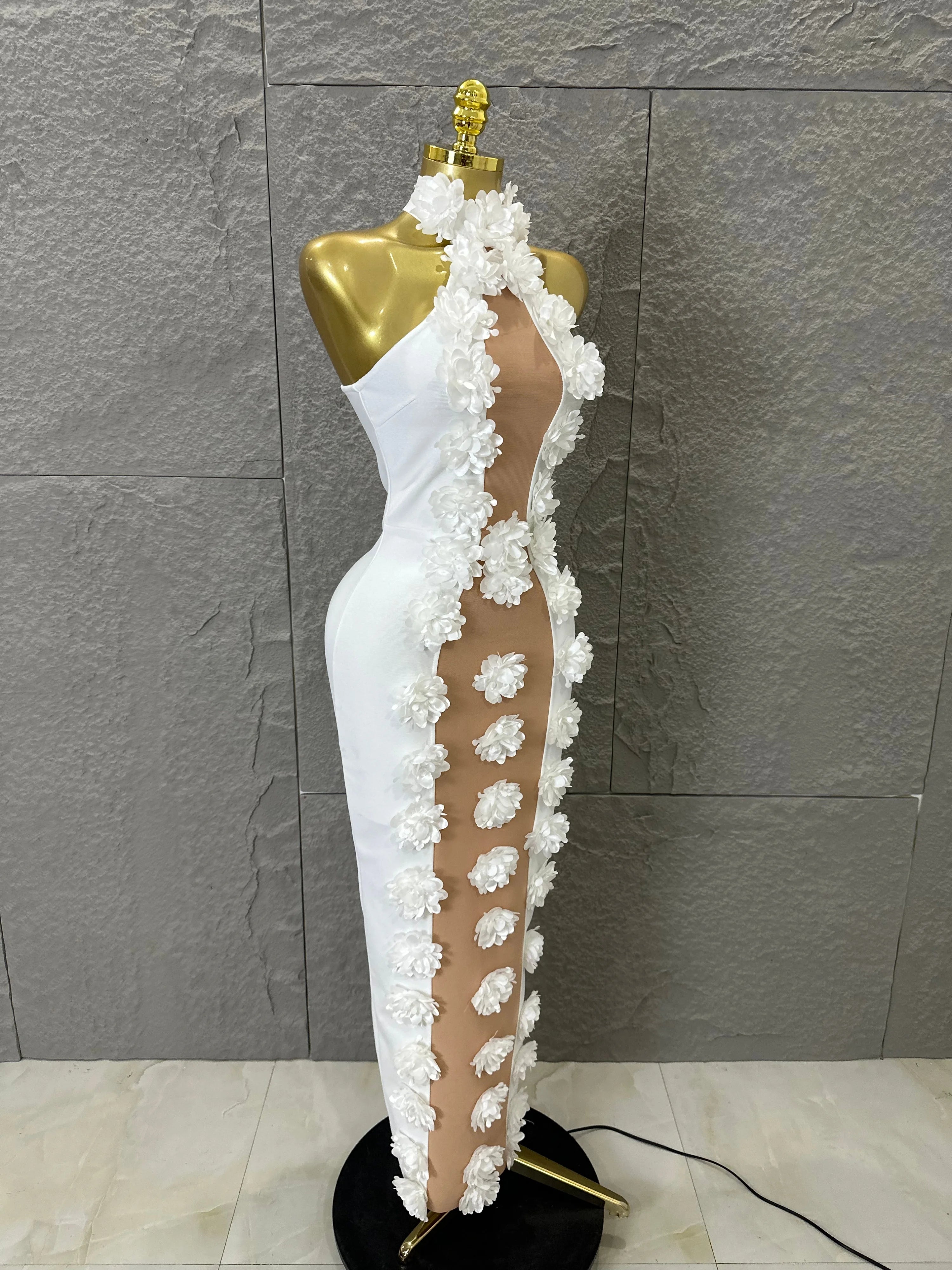 White Halter Neck Maxi Dress Women Sexy Sheer Nude Mesh 3D Floral Applique Form-Fitting Outfit Formal Event Party Costume