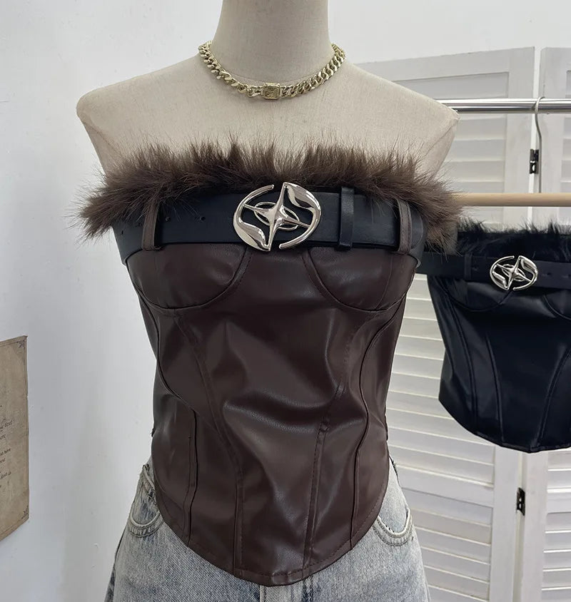 Winter New Fashion Furry Patchwork PU Leather Belt Tank Top Vest For Women Chest Pads Backless Short Tops 11A07915 Brown One Size