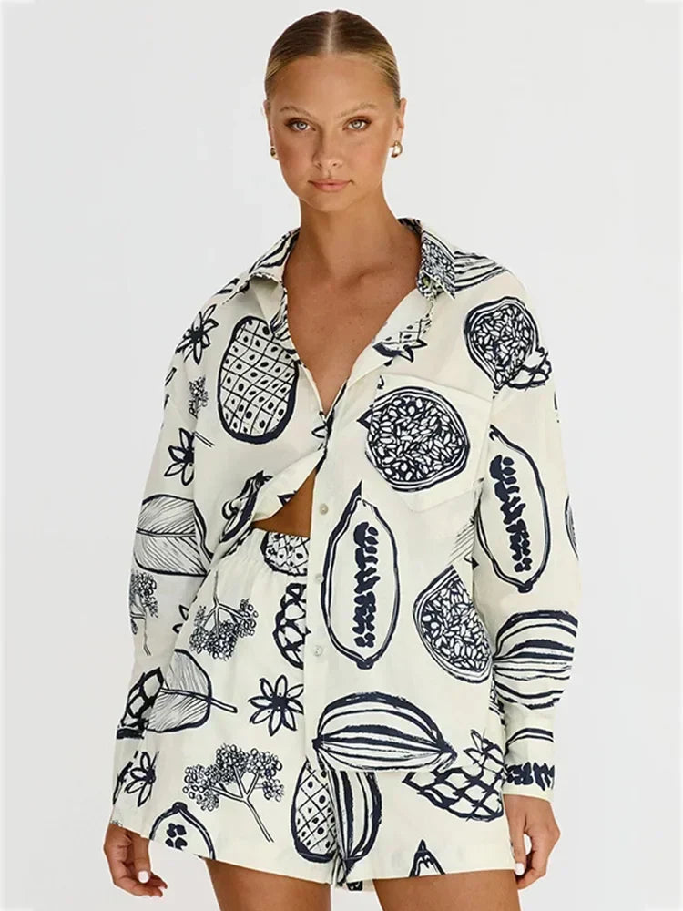 Foridol Fruit Printed Pockets Casual Shirt+shorts Set Outfits Matching Set Summer Women Spring Beach Oversize White Set