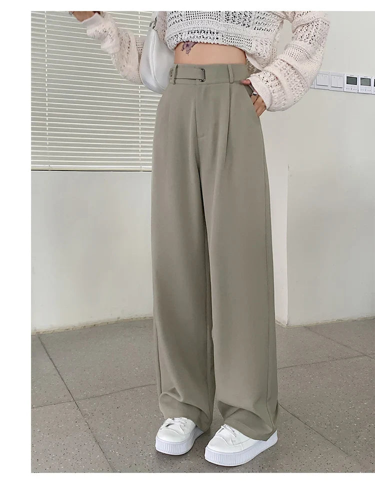 Seoulish High Waist New Suit Wide Leg Women‘s Full Pants Spring Summer Female Elegant Minimalism Straight Loose Trousers Army green(regular)