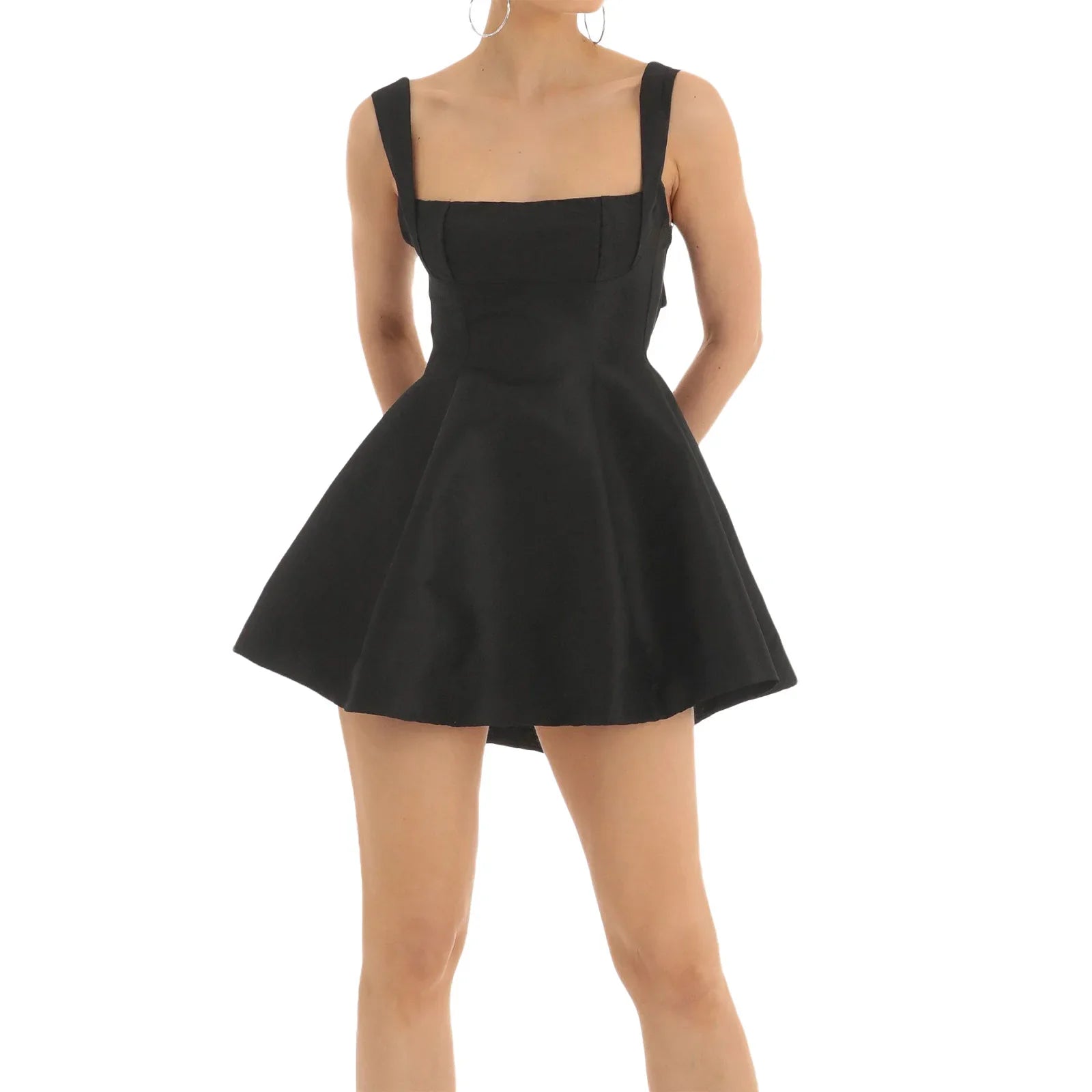 Women Summer Backless Big Bow Straps A-line Dress Sweet Solid Color Sleeveless Square Neck Short Dresses for Party Cocktail Prom Black