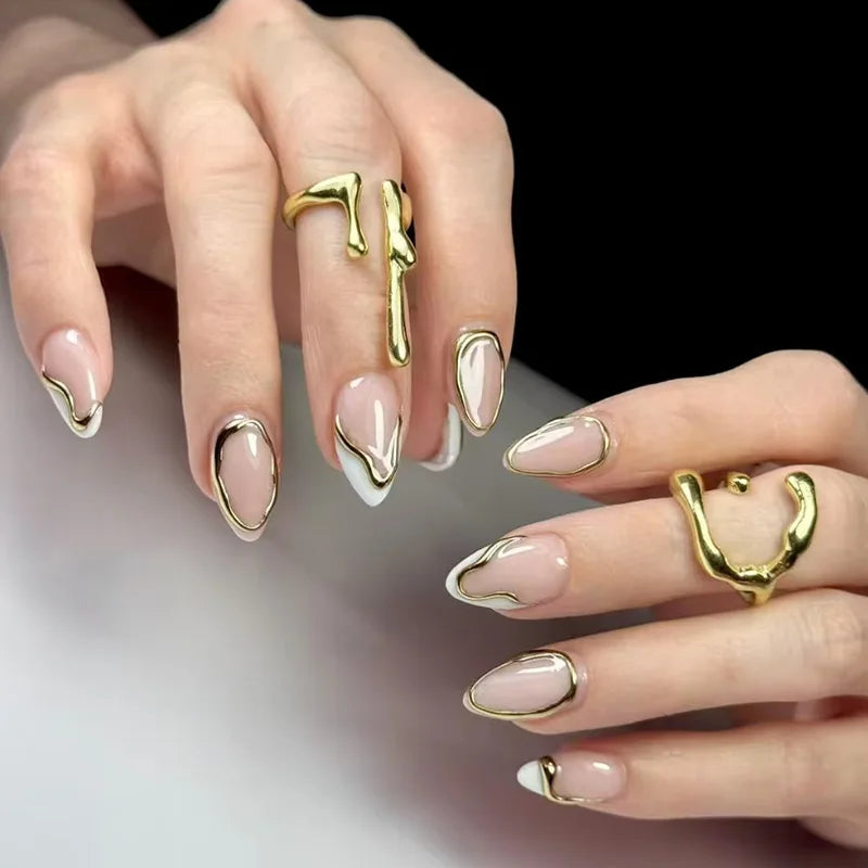 24Pcs Nude Pink Almond Fake Nails with Golden Lines Design Long Round Head Press on False Nails Wearable Full Cover Nail Tips 2001