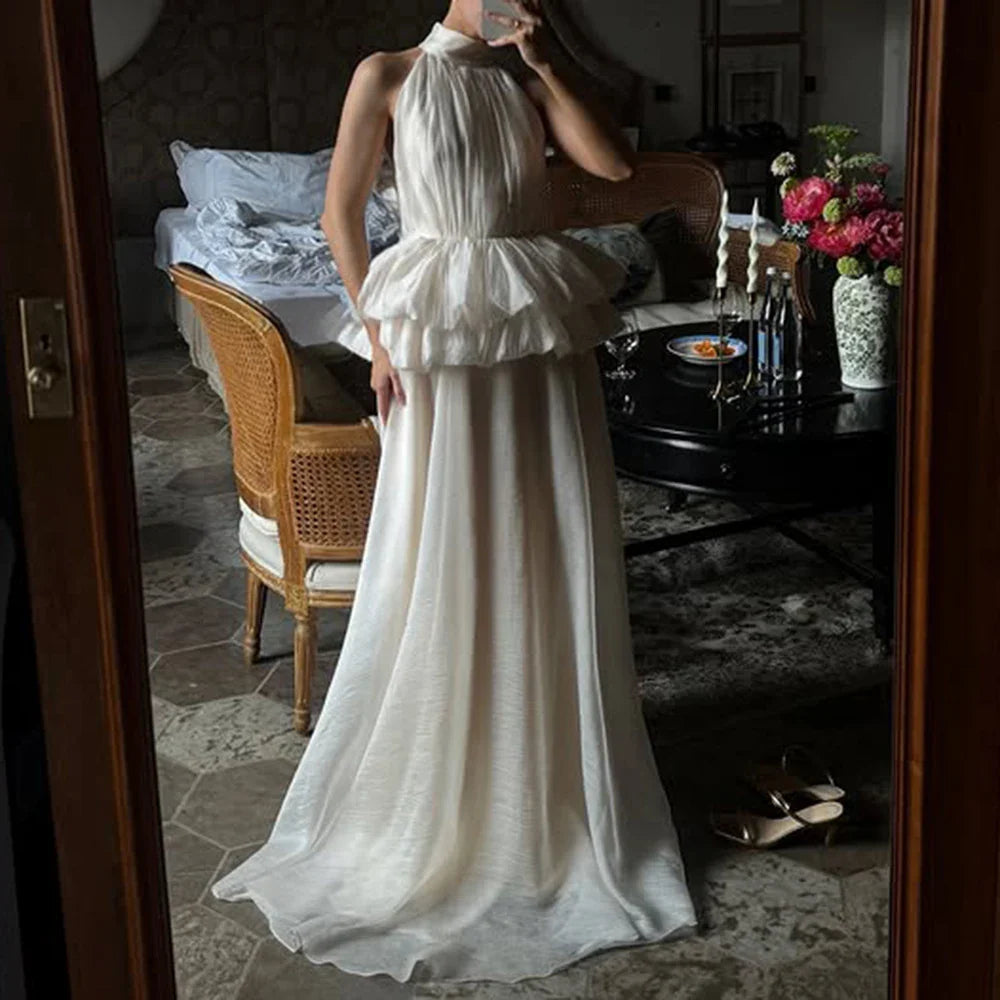 Solid Spliced Ruffles Folds Elegant Dresses for Women High Neck Sleeveless Temperament Dress Female Clothing New