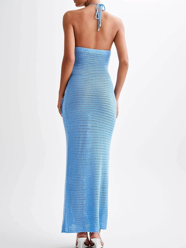 Patchwork Appliques Knitted Dress For Women Halter Sleeveless High Waist Slimming Dresses Female Fashion Clothes