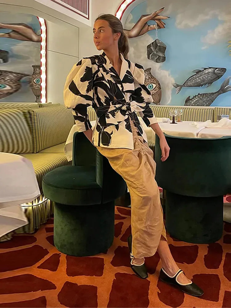 Fashion Flower Print Belt Women Shirts Spring Summer Elegant Slim Lapel Puff Sleeve Blouses Vintage Lady Office Streetwear