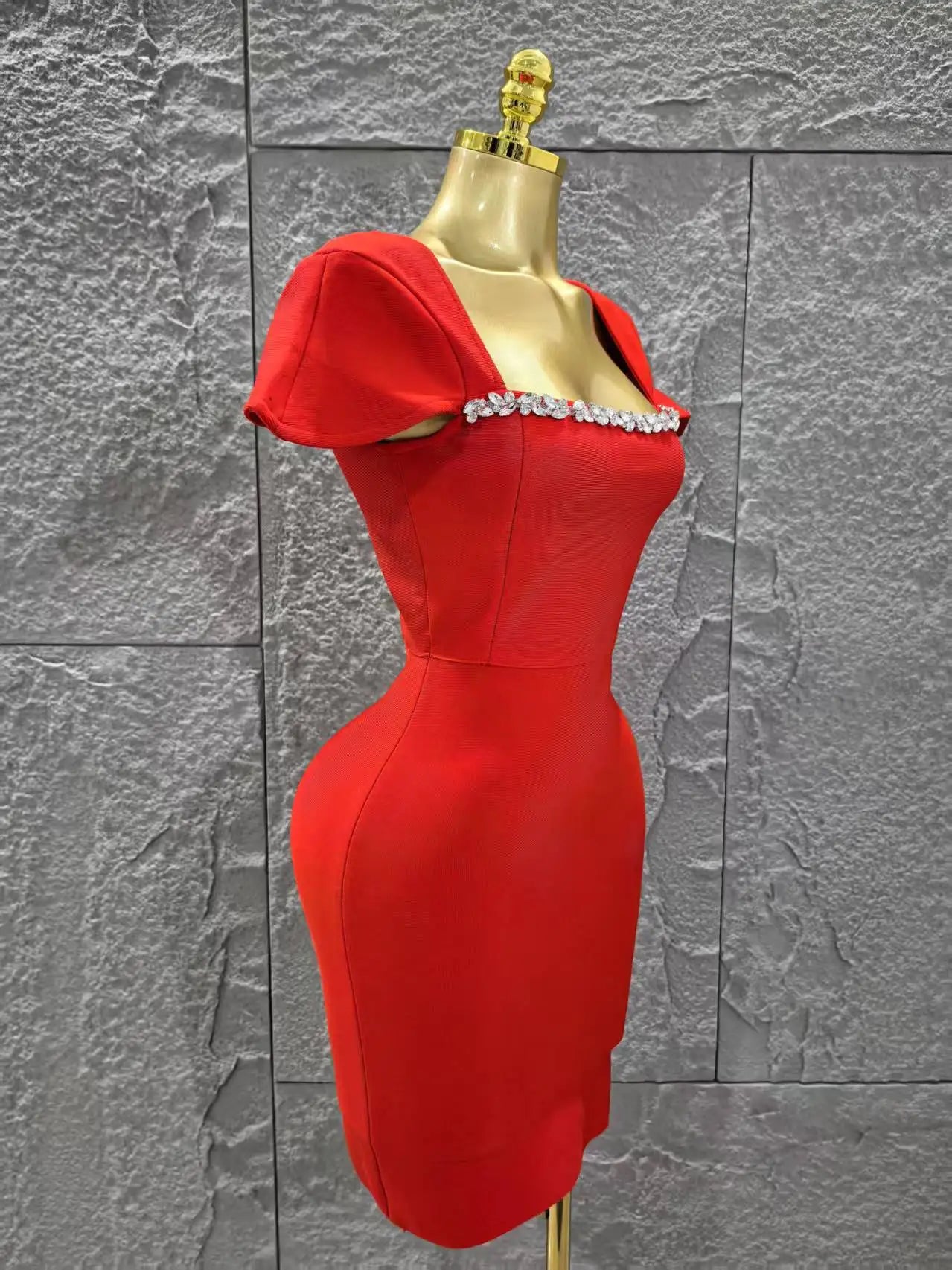 Black Red Color Women Sexy Short Sleeve Square Collar Bodycon Mini Bandage Dress Nightclub Party Celebrate Birthday Fashion Wear