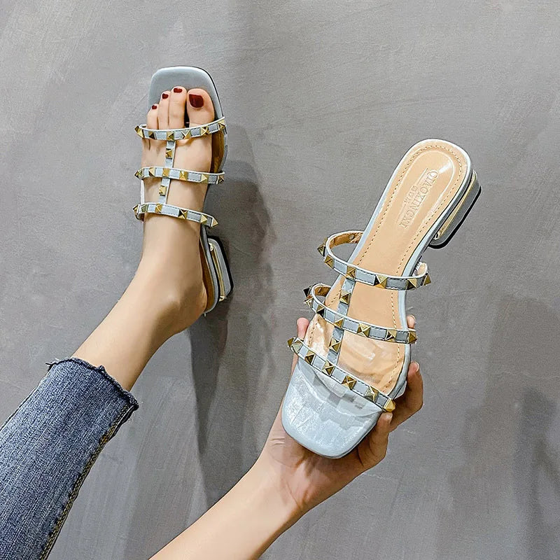 2023 Summer low heel women rivets sandals thin ribbon fashion Korean design girls shoes large size wear slippers free delivery