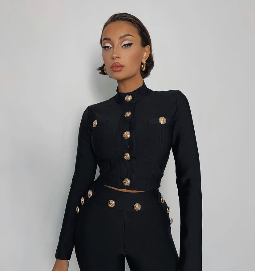 Celebrity Black Long Sleeve 2 Pieces Rayon Bandage Set Evening Party Set Vestidos