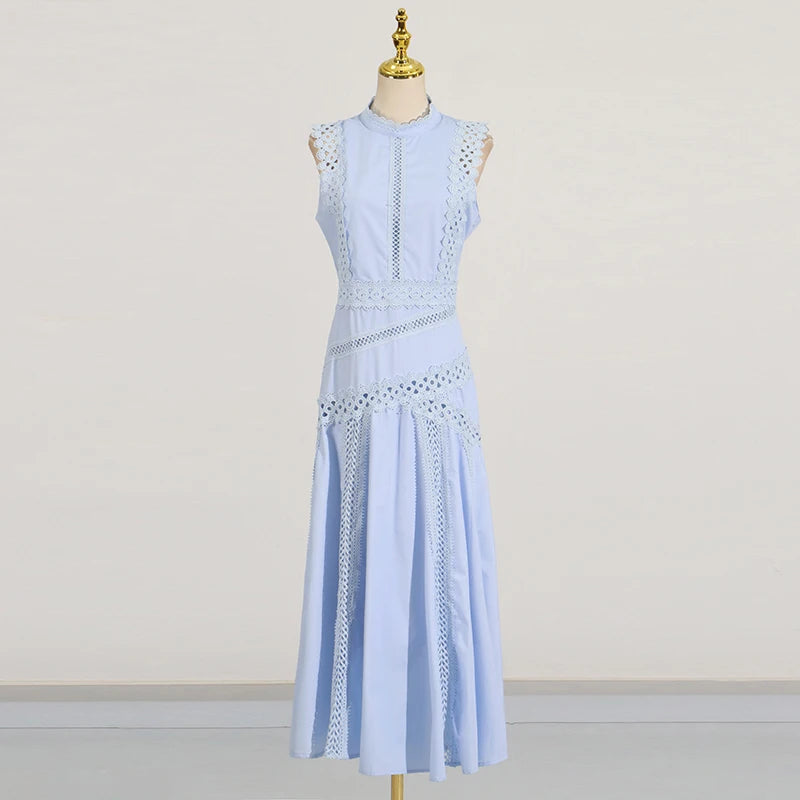 Solid Slimming Spliced Hollow Out Dresses for Women Round Neck Sleeveless Patchwork Lace Dress Female Clothing New BLUE