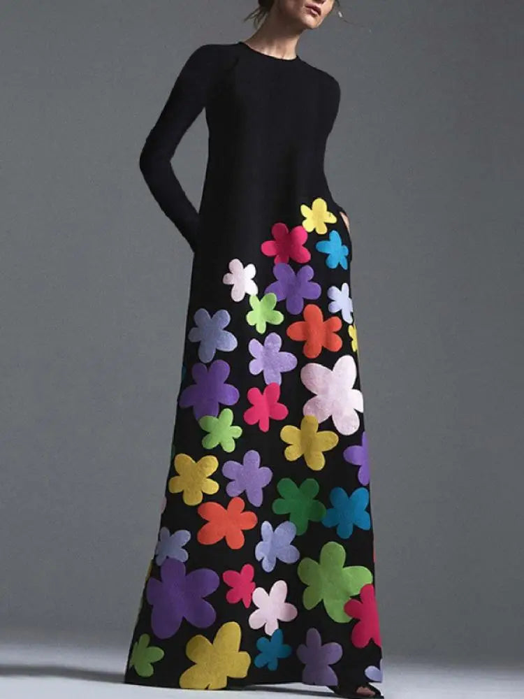 Bohohipei New Spring Summer Long Sleeve Casual Thin Dress Women Spring Summer Fashion Colorful Flowers Printed Maxi Dresses