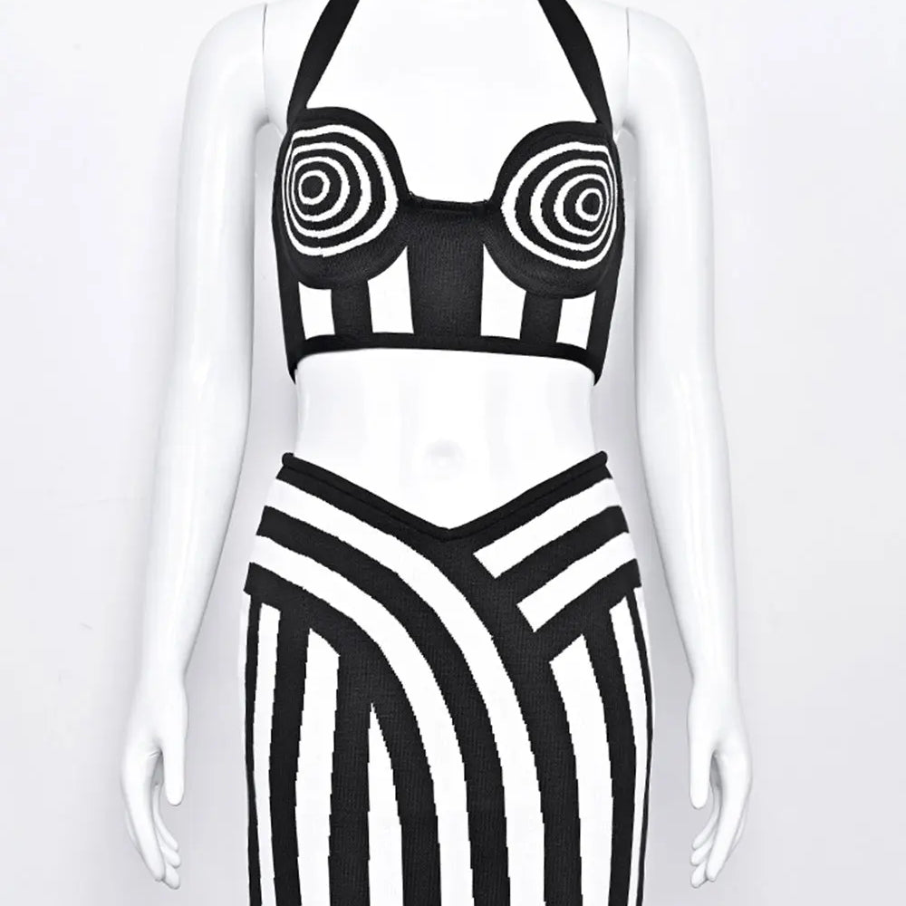 2024 Sexy Women'S Striped Short Skirt Set Hanging Neck Style Sleeveless Backless Ultra Short Vest Top+Mini Skirt Two-Piece Set