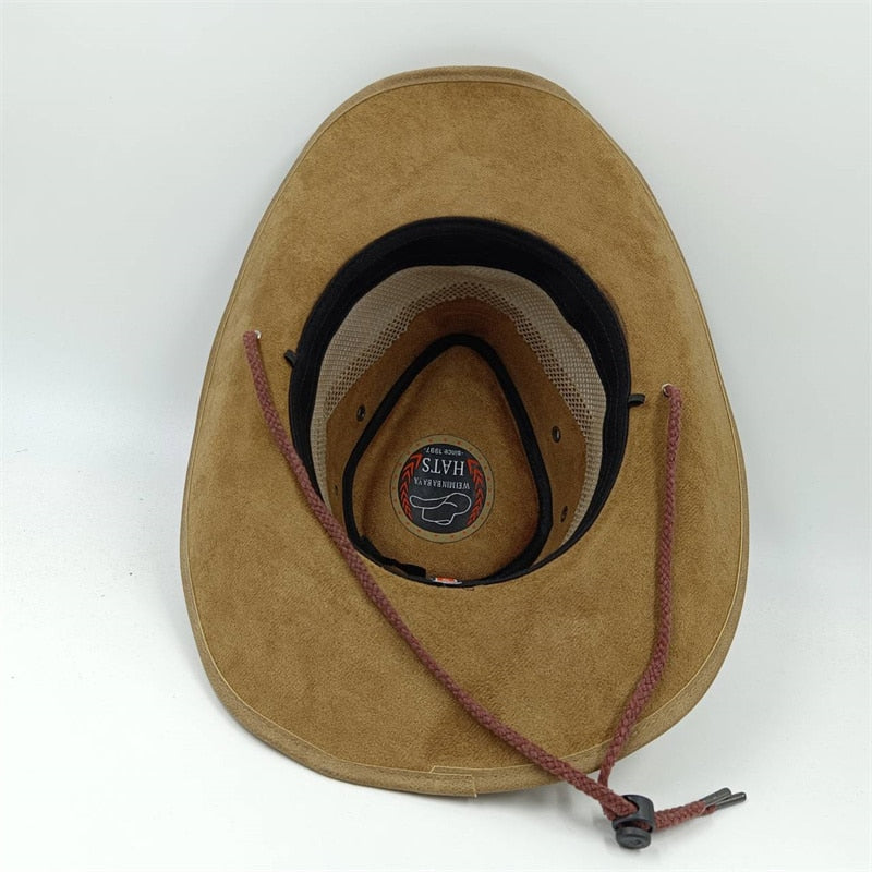 Retro Unisex Vintage Wide Brim Leather Cowboy Cowgirl Western Hat With Tassel Braid Leather Band Size 58-59CM