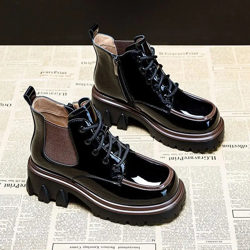 Punk Style Combat Platform Female Ankle Boots Chunky Elastic with Laces Lace-up Booties Footwear Short Shoes for Women New