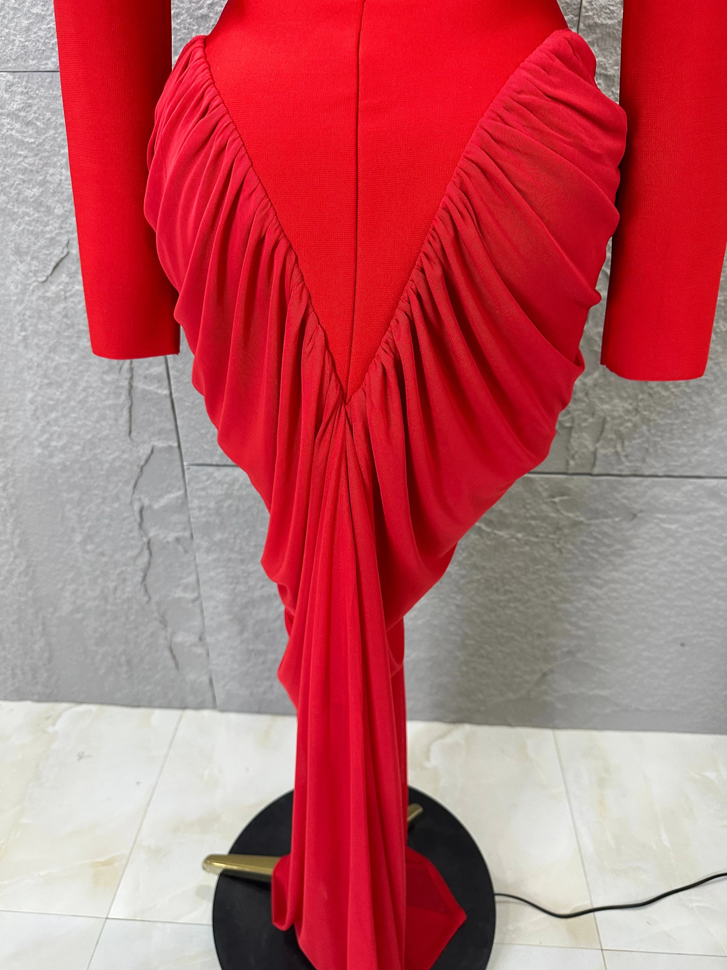 Glamorous Red Long Sleeve Maxi Dress Women High Neck Ruched Draped Bodycon Nightclub Outfit Cocktail Party Costume