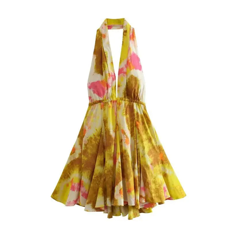 Floral Printed Beach Dress Women Mini Sexy Deep V-neck Backless Halter Female Dresses Summer Vacation Sleeveless Short Robe 01 yellow