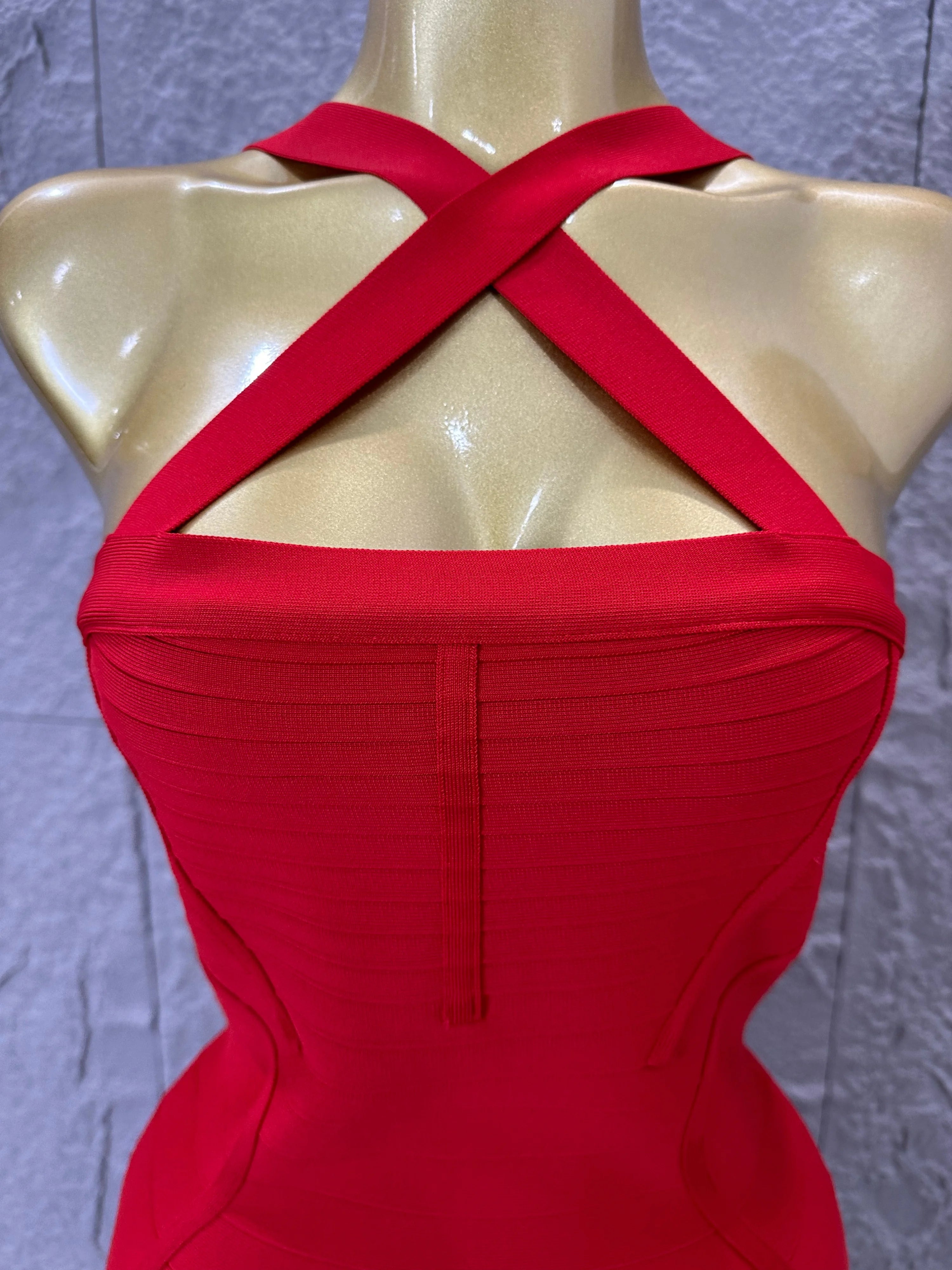 Elegant Red Halter Neck Mini Dress Women Sexy Criss Cross Strap Bandage Form-Fitting Outfit Cocktail Party Costume