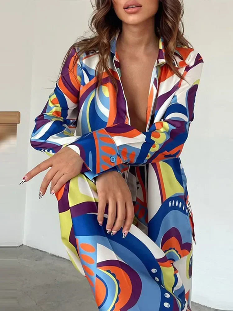 QNPQYX Fashion Printed Long Sleeve Shirt 2 Piece Set Women Loose Turndown Collar Tops Suits Female Casual Straight Pants Outfis
