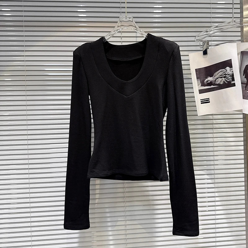 Winter New Fashion V-Neck Simple Design Shoulder Pad Long Sleeve Base T-Shirt For Women Solid Color Top 11A07711 Black