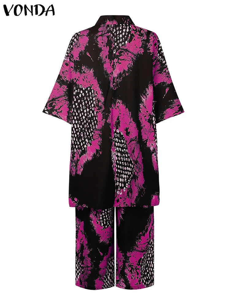 Plus Size 5XL VONDA Women Vintage Pant Sets Print Long Top and Wide Leg Pants Casual Loose 2pcs Two-piece Summer Bohemian Outfit