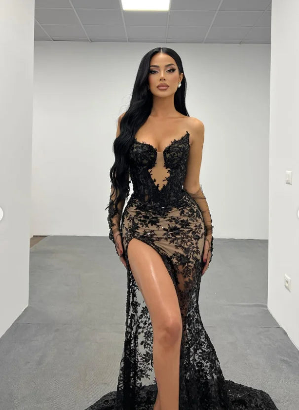 Women Sexy Strapless Lace High Split Long Dress Gloves Celebraye Nightclub Party Birthday Photo Shoot Dress Vestido black