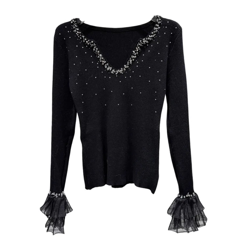 Winter New Sweet Temperament V-Neck Rhinestone Flower Bud Cuff Knitted Sweater For Women Slim Fit Pullover 11A07821