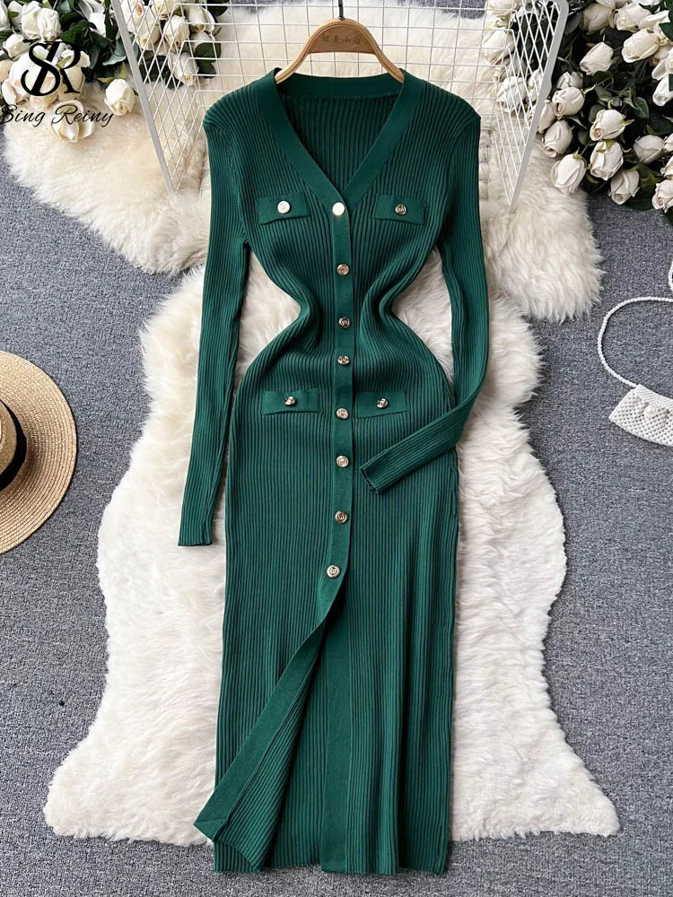 SINGREINY Winter Slim Design Knitted Dress V Neck Single Breasted A Line Split Midi Dress Long Sleeve Women Sweater Long Dress green One Size